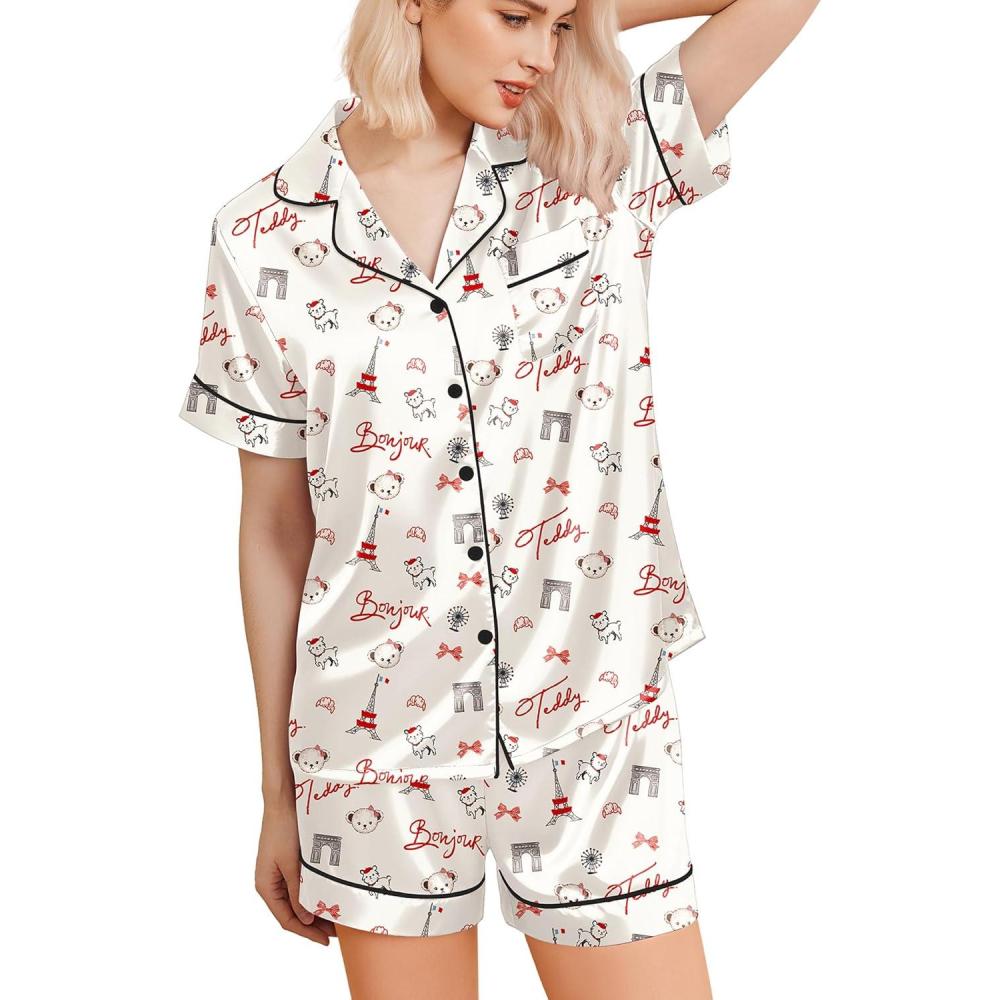 imageEkouaer Silk Pajamas for Women Short Sleeve Sleepwear Soft Button Down Loungewear 2 Piece Satin Pjs Shorts SetTeddy Apricot