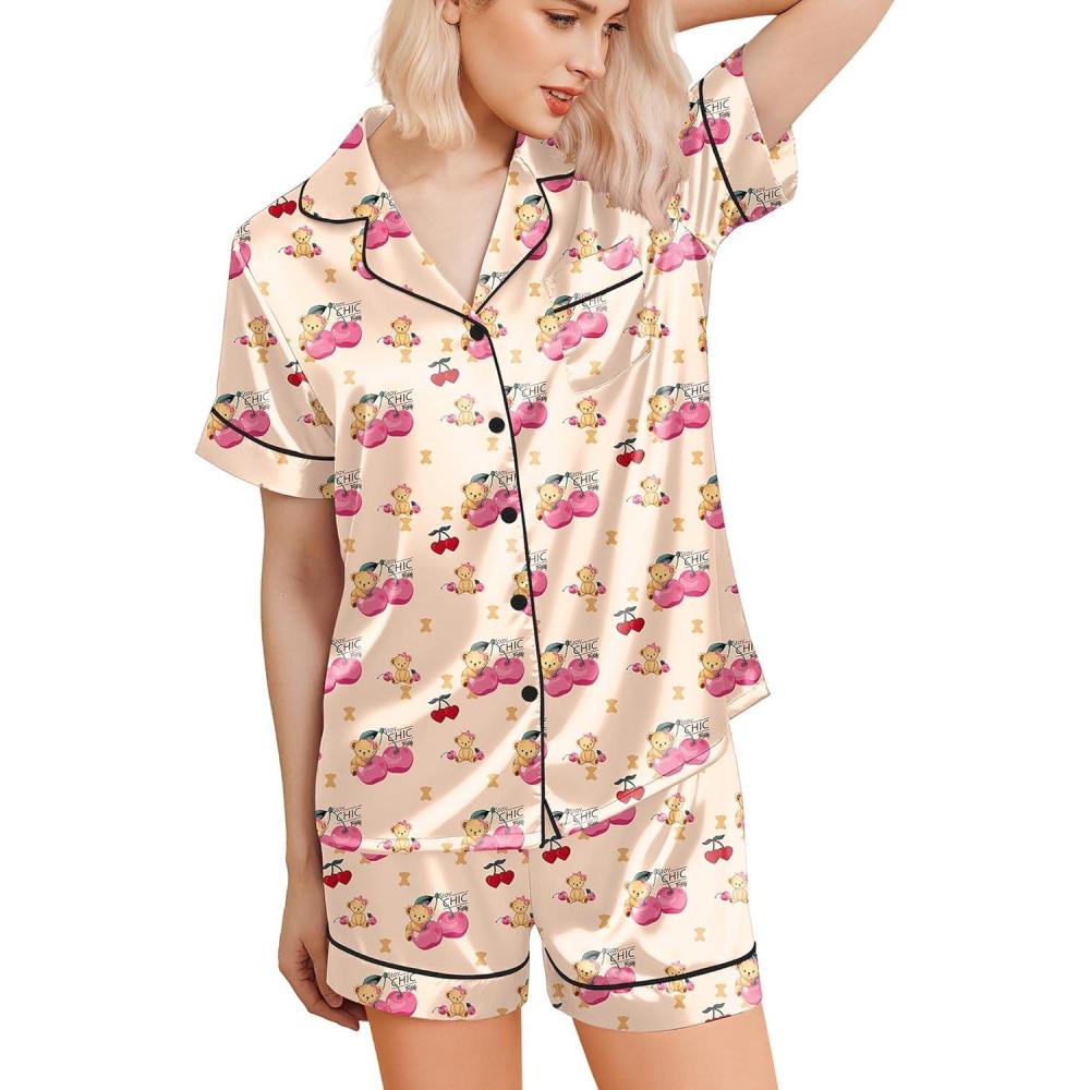 imageEkouaer Silk Pajamas for Women Short Sleeve Sleepwear Soft Button Down Loungewear 2 Piece Satin Pjs Shorts SetTeddy Cherry Champagne