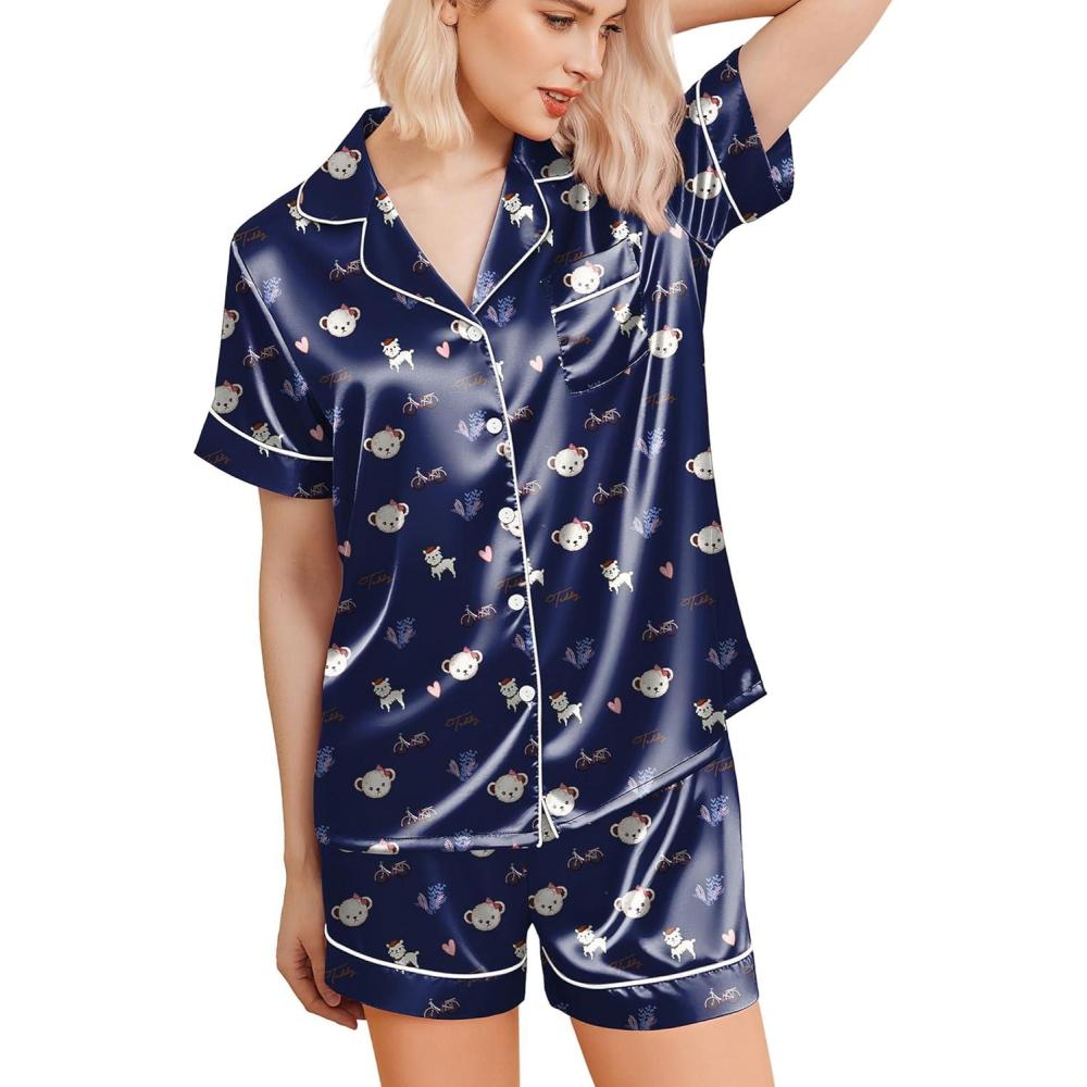 imageEkouaer Silk Pajamas for Women Short Sleeve Sleepwear Soft Button Down Loungewear 2 Piece Satin Pjs Shorts SetTeddy Navy