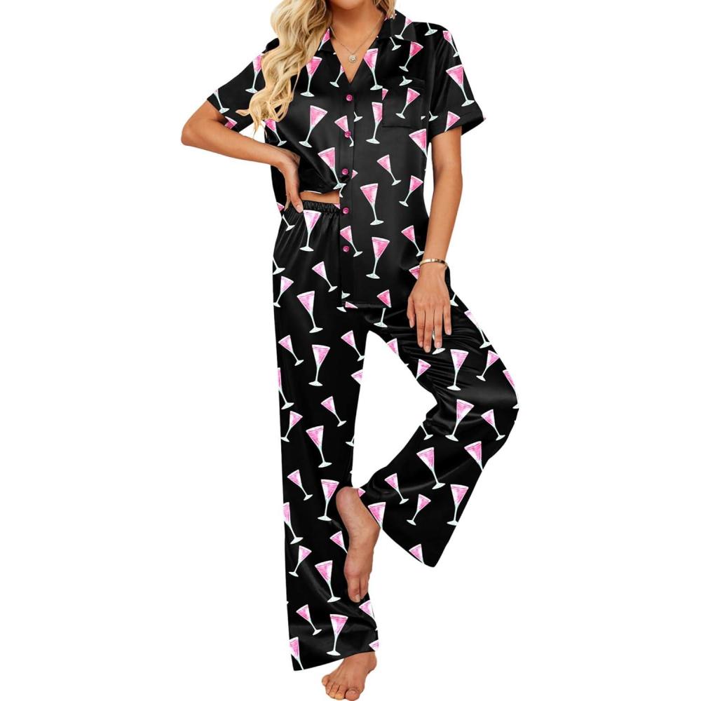 imageEkouaer Silk Pajamas for Womens Set 2 Piece Satin Pjs Soft Button Down Sleepwear Wide Leg Long Pants with PocketsBlackpink Wine Glass