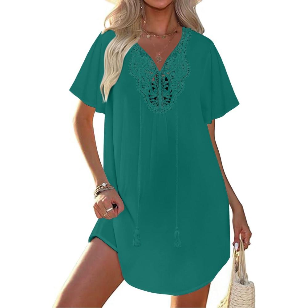 imageEkouaer Swimsuit Cover Ups for Women Lace Crochet VNeck Bikini Beach Coverups Dress for Swimwear Bathing Suit00deep Green