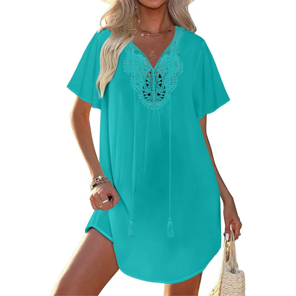 imageEkouaer Swimsuit Cover Ups for Women Lace Crochet VNeck Bikini Beach Coverups Dress for Swimwear Bathing Suit00green