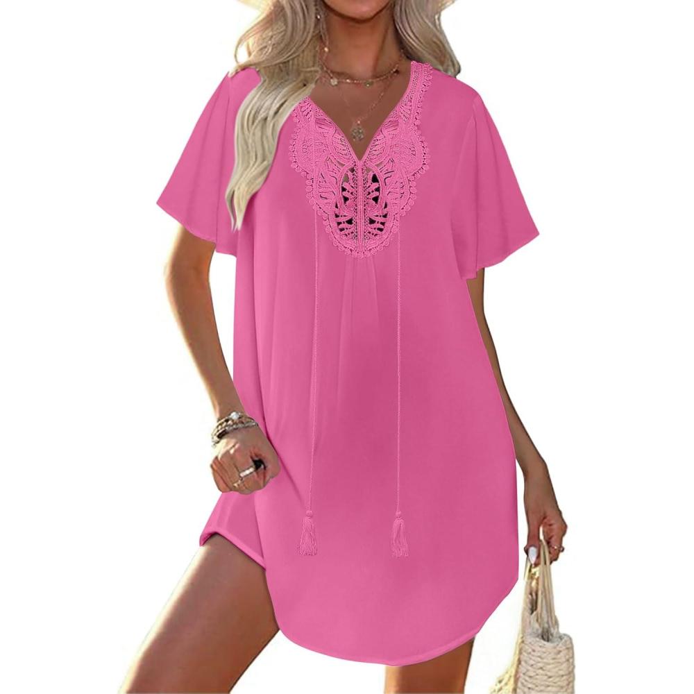 imageEkouaer Swimsuit Cover Ups for Women Lace Crochet VNeck Bikini Beach Coverups Dress for Swimwear Bathing Suit00hot Pink