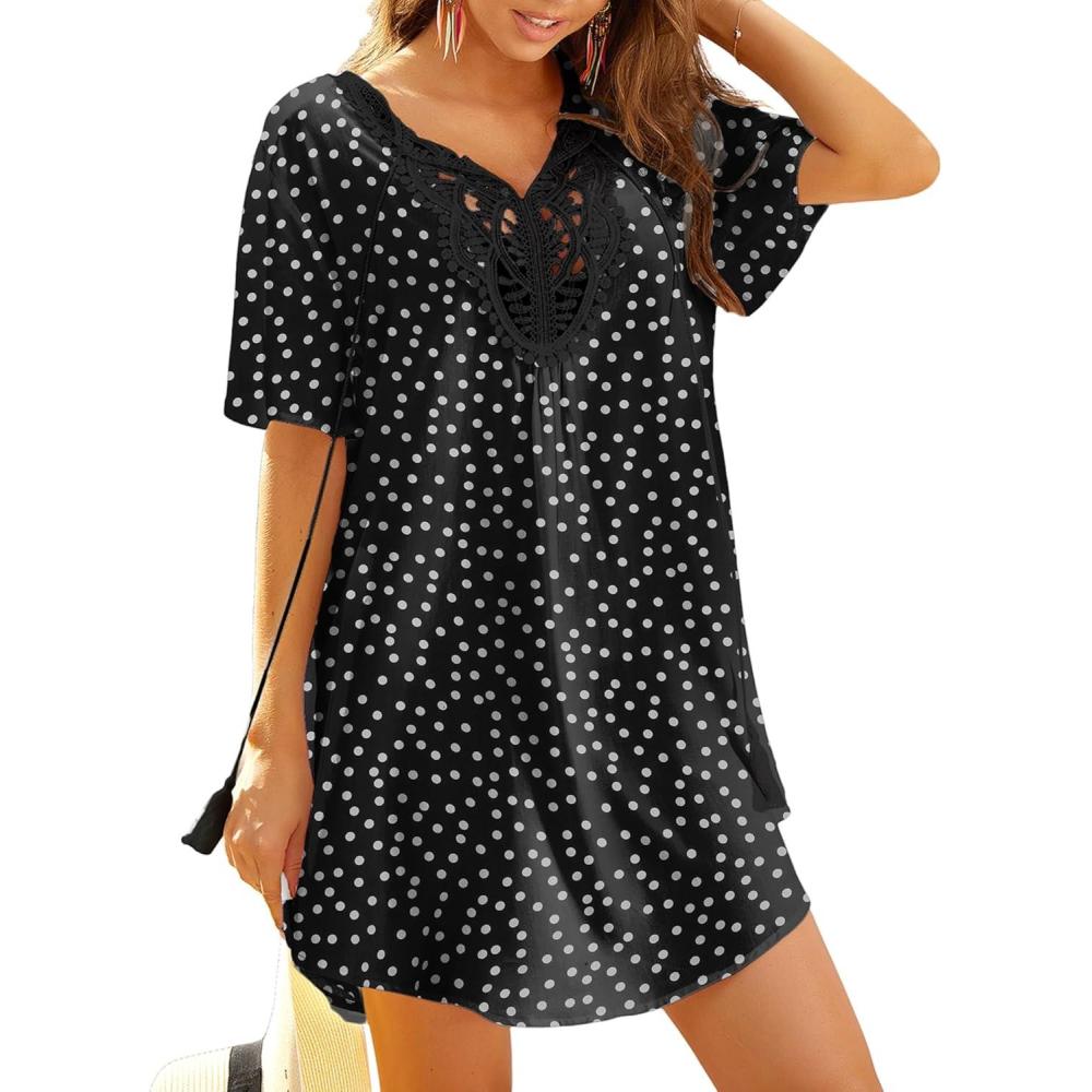 imageEkouaer Swimsuit Cover Ups for Women Lace Crochet VNeck Bikini Beach Coverups Dress for Swimwear Bathing SuitBblack Polka Dots