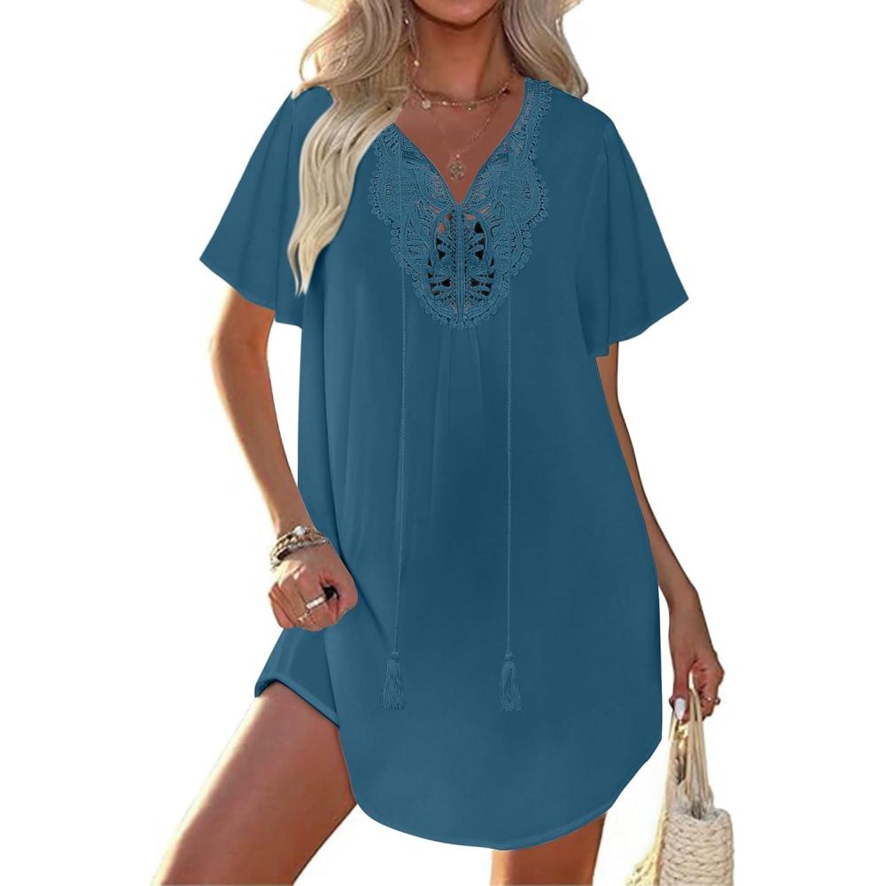 imageEkouaer Swimsuit Cover Ups for Women Lace Crochet VNeck Bikini Beach Coverups Dress for Swimwear Bathing SuitDeep Blue