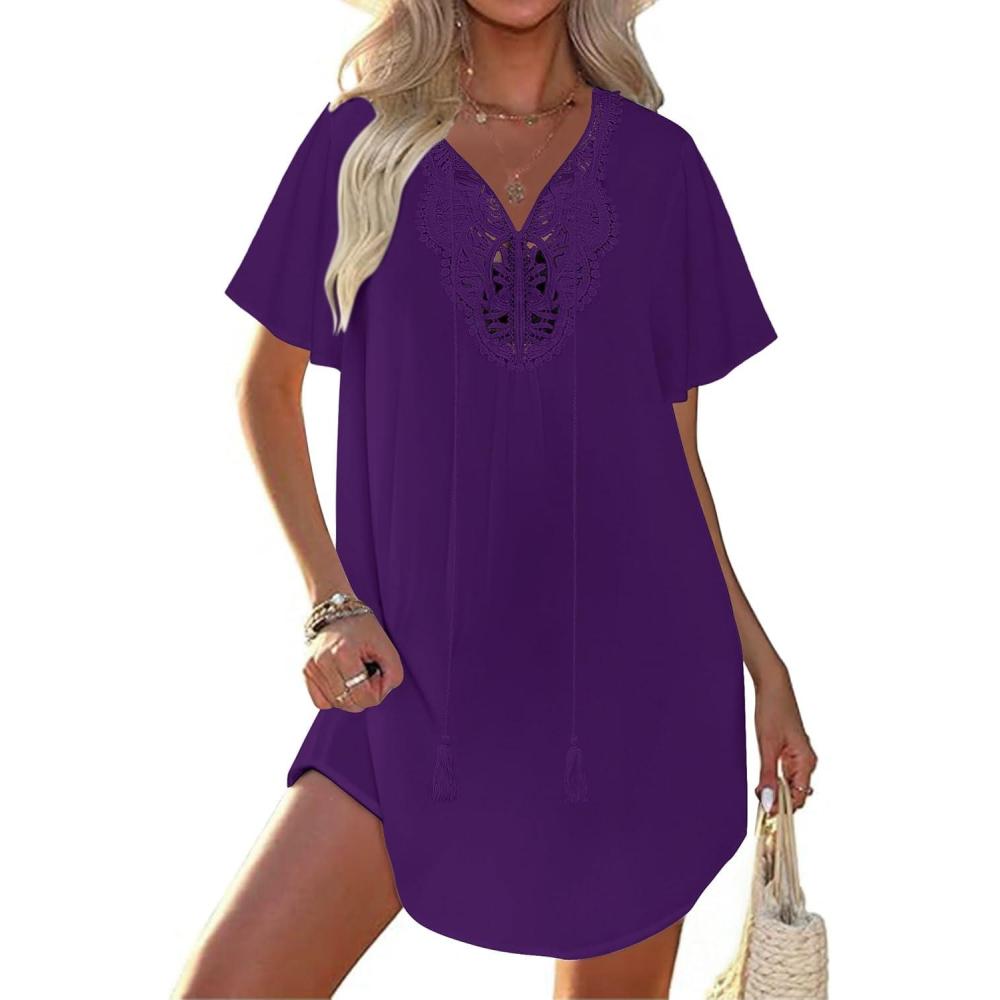 imageEkouaer Swimsuit Cover Ups for Women Lace Crochet VNeck Bikini Beach Coverups Dress for Swimwear Bathing SuitDeep Purple
