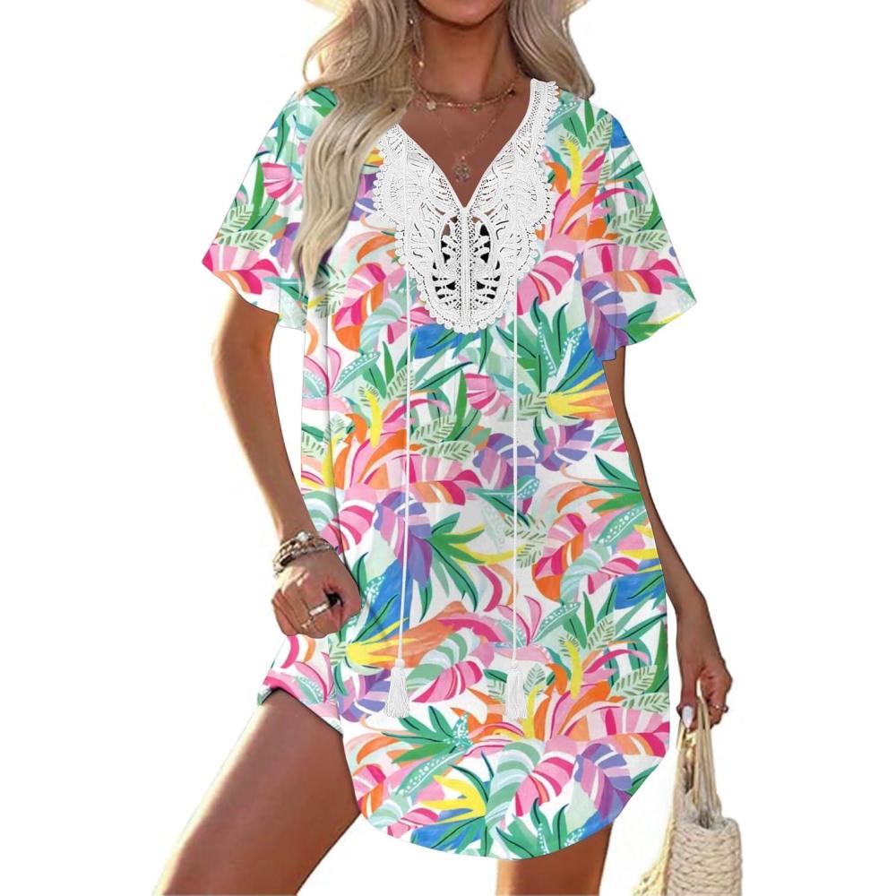 imageEkouaer Swimsuit Cover Ups for Women Lace Crochet VNeck Bikini Beach Coverups Dress for Swimwear Bathing SuitFantasy Vacation Multicolor