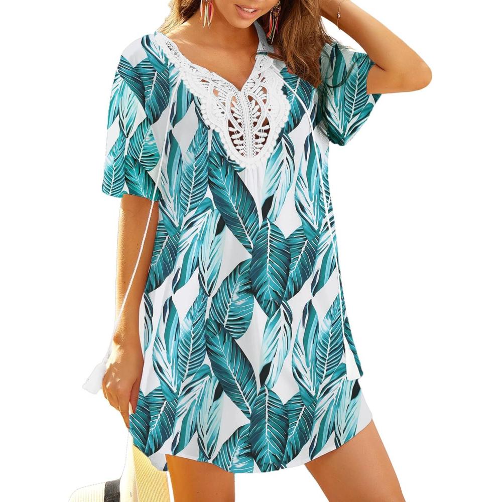 imageEkouaer Swimsuit Cover Ups for Women Lace Crochet VNeck Bikini Beach Coverups Dress for Swimwear Bathing SuitGreen Tropical Print
