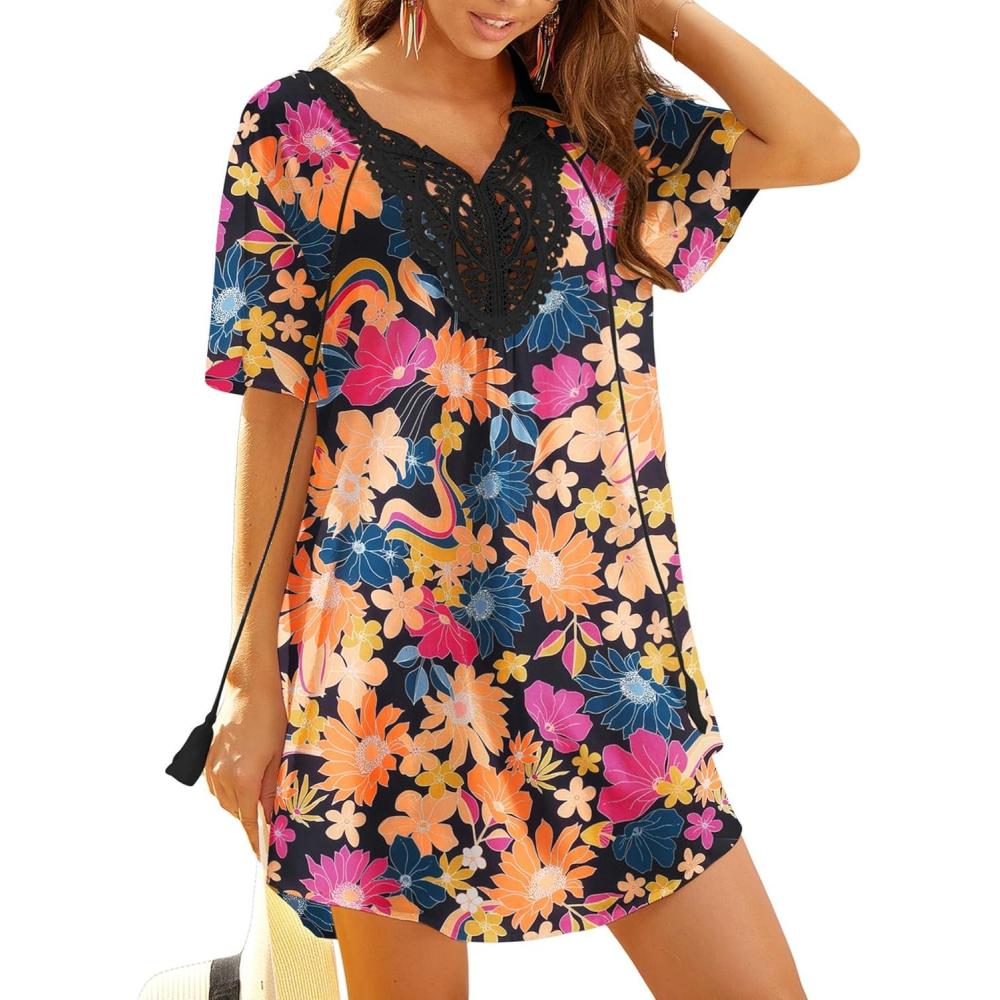 imageEkouaer Swimsuit Cover Ups for Women Lace Crochet VNeck Bikini Beach Coverups Dress for Swimwear Bathing SuitLove Swirl Print