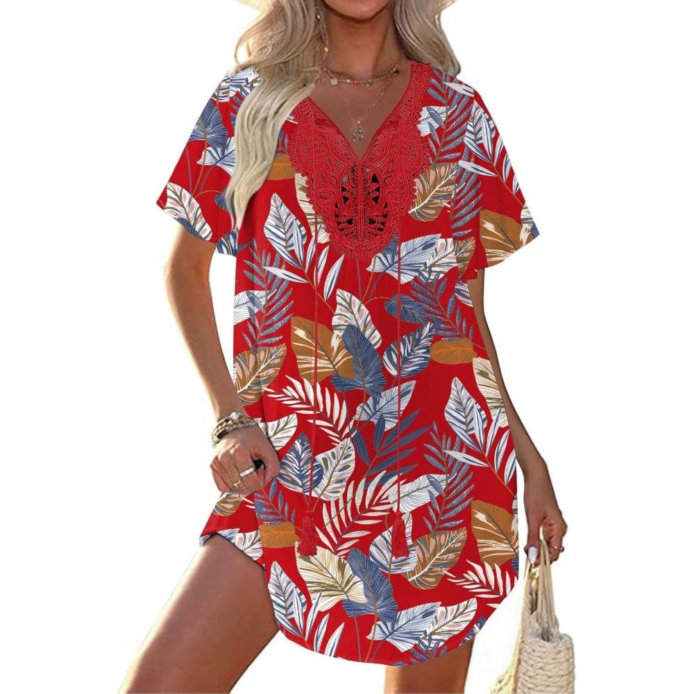 imageEkouaer Swimsuit Cover Ups for Women Lace Crochet VNeck Bikini Beach Coverups Dress for Swimwear Bathing SuitRed Tropical Print