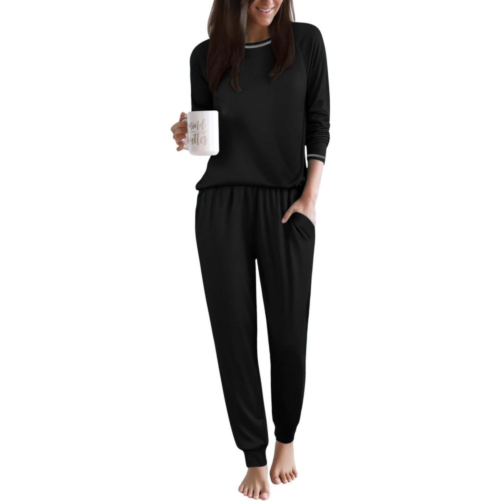 imageEkouaer Women Pajama Sets 2 Piece Long Sleeves and Joggers Sleepwear Set Soft Pjs Lounge Set with PocketsBlack