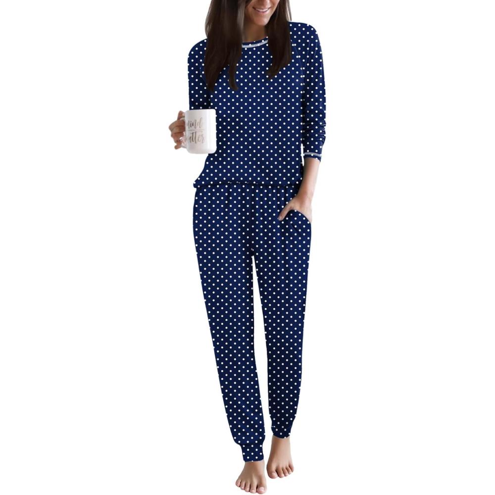 imageEkouaer Women Pajama Sets 2 Piece Long Sleeves and Joggers Sleepwear Set Soft Pjs Lounge Set with PocketsBlue Polka Dot