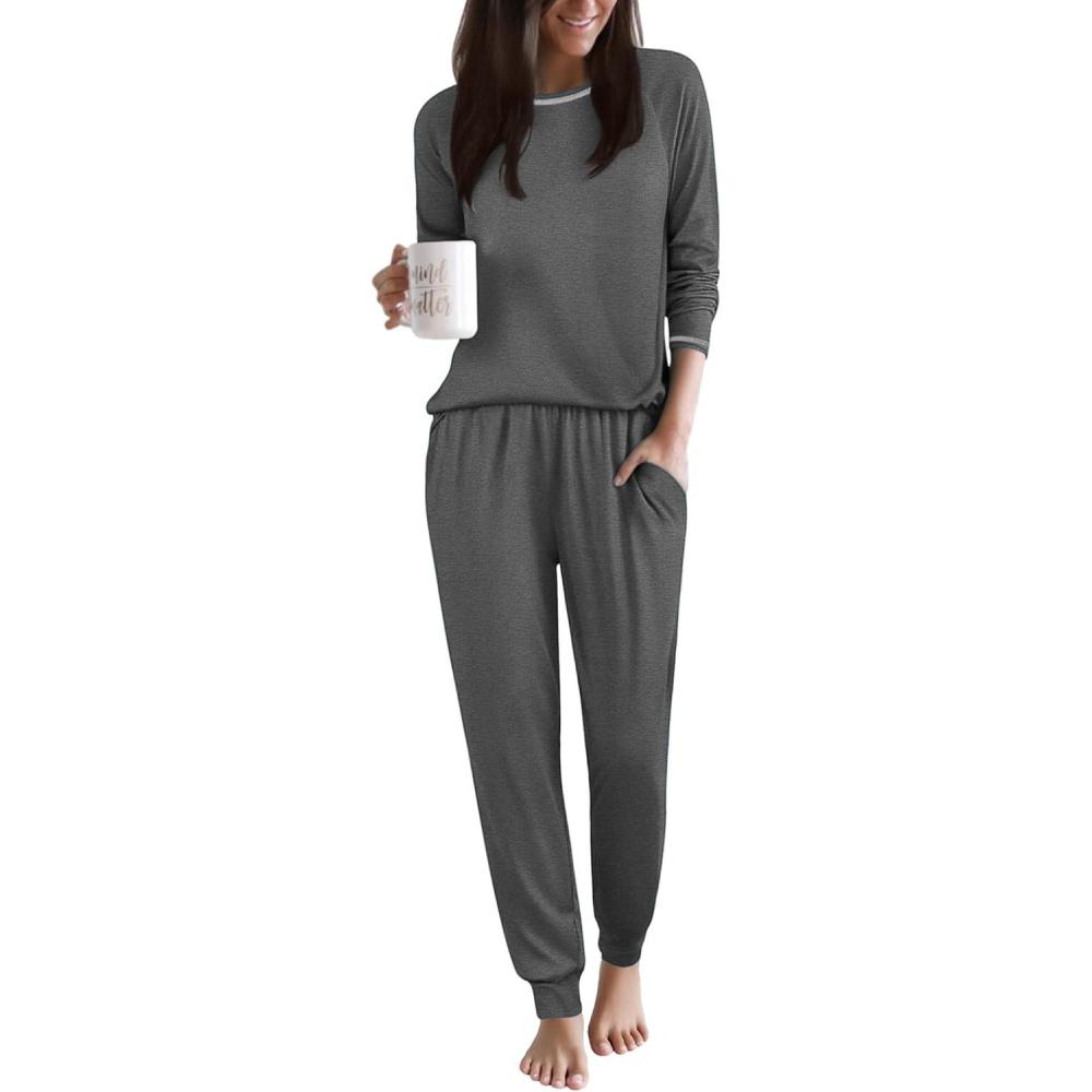 imageEkouaer Women Pajama Sets 2 Piece Long Sleeves and Joggers Sleepwear Set Soft Pjs Lounge Set with PocketsDark Grey