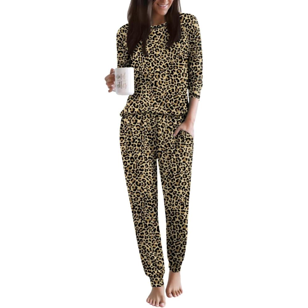 imageEkouaer Women Pajama Sets 2 Piece Long Sleeves and Joggers Sleepwear Set Soft Pjs Lounge Set with PocketsLeopard