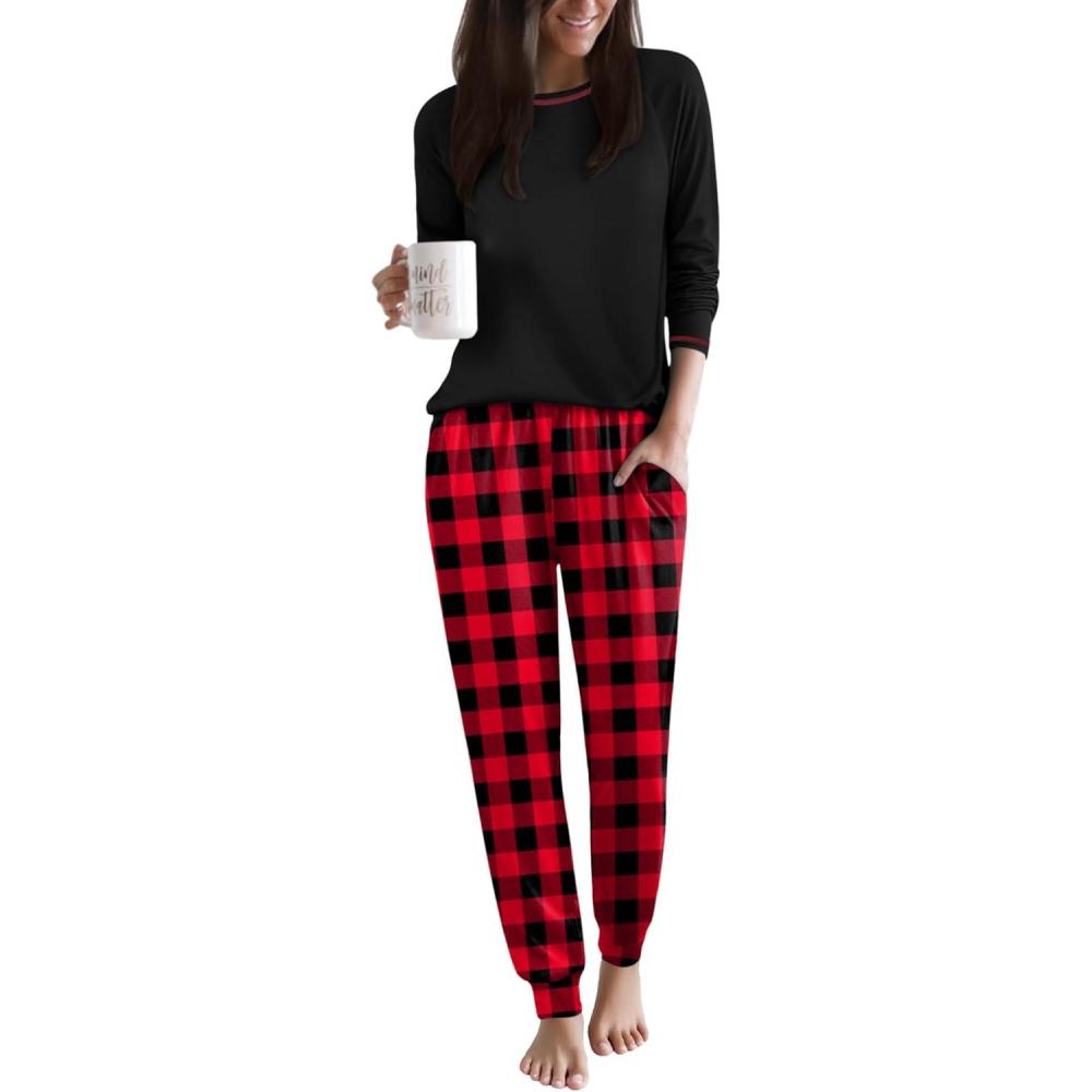 imageEkouaer Women Pajama Sets 2 Piece Long Sleeves and Joggers Sleepwear Set Soft Pjs Lounge Set with PocketsRed Plaid