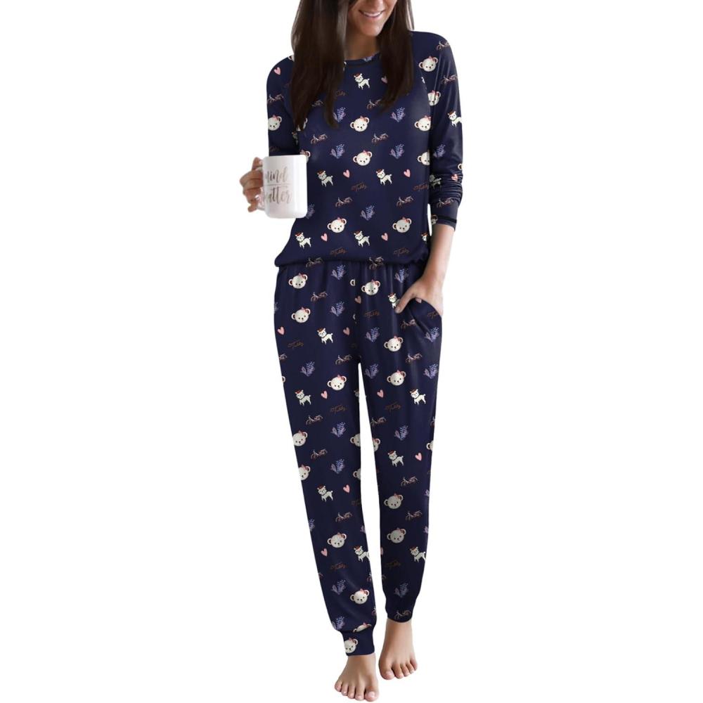 imageEkouaer Women Pajama Sets 2 Piece Long Sleeves and Joggers Sleepwear Set Soft Pjs Lounge Set with PocketsTeddynavy Blue