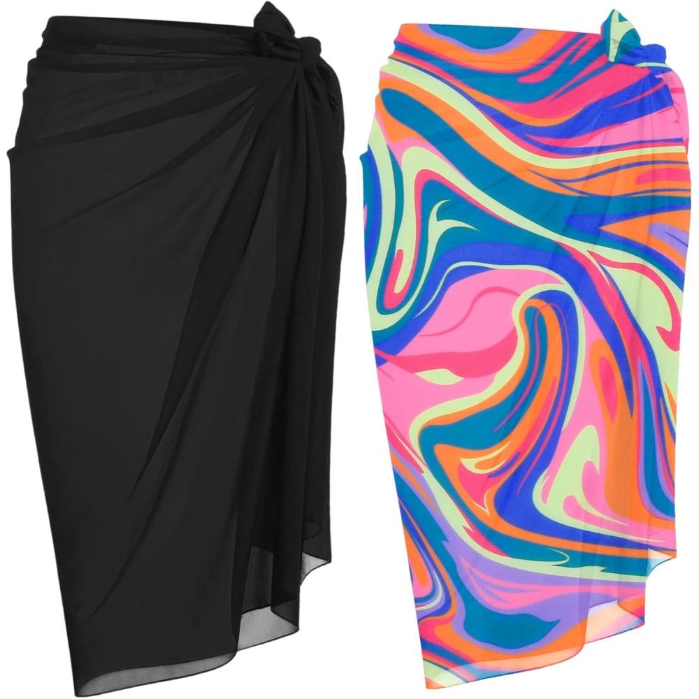 imageEkouaer Women Sarong Swimsuit Coverups Chiffon Long Bikini Wraps Sheer Beach Bathing Suit Cover UpBlack Pink Art Stripe