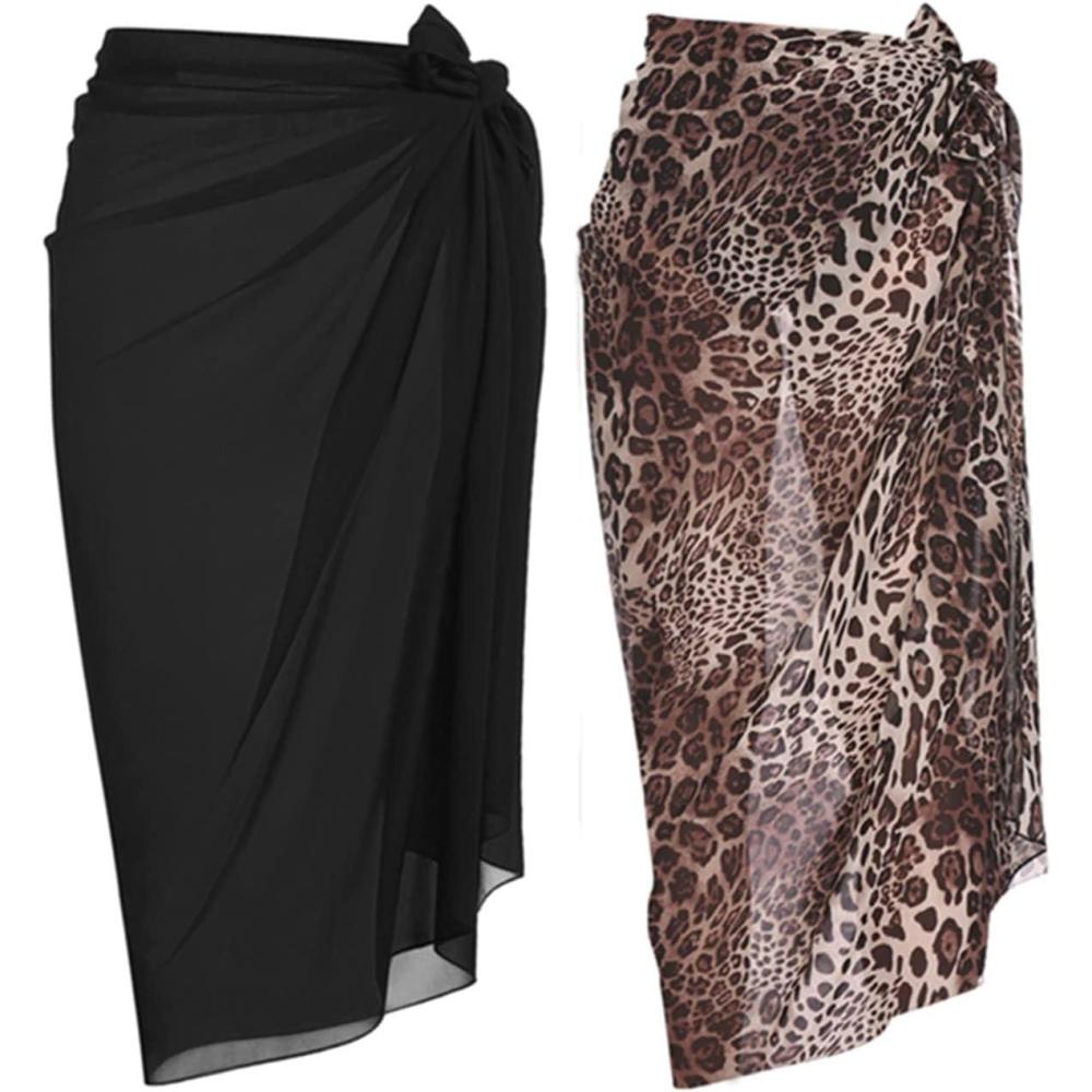 imageEkouaer Women Sarong Swimsuit Coverups Chiffon Long Bikini Wraps Sheer Beach Bathing Suit Cover UpBlackleopard