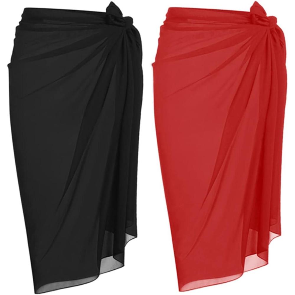 imageEkouaer Women Sarong Swimsuit Coverups Chiffon Long Bikini Wraps Sheer Beach Bathing Suit Cover UpBlackred