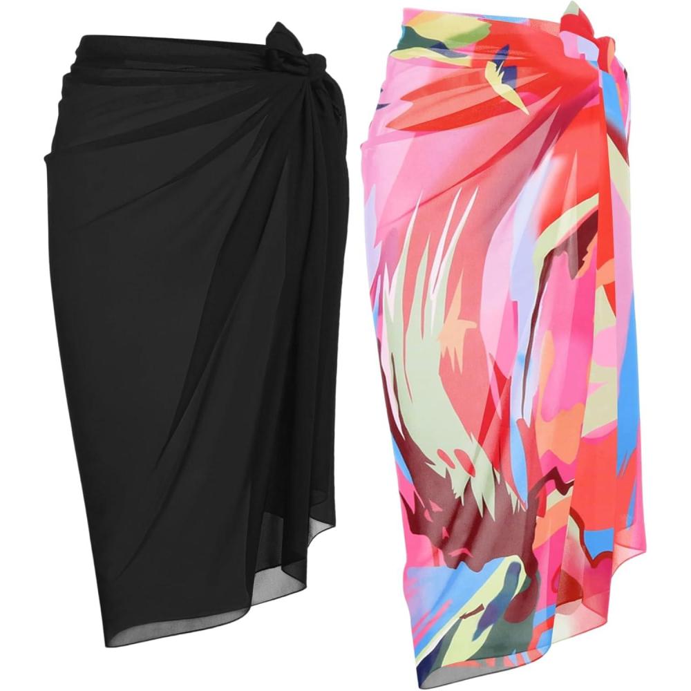 imageEkouaer Women Sarong Swimsuit Coverups Chiffon Long Bikini Wraps Sheer Beach Bathing Suit Cover UpPat14black