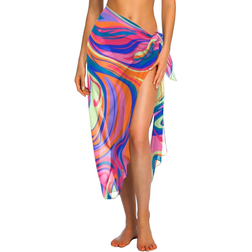 imageEkouaer Women Sarong Swimsuit Coverups Chiffon Long Bikini Wraps Sheer Beach Bathing Suit Cover UpPink Art Stripe
