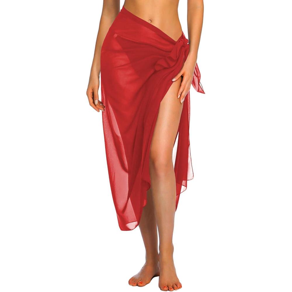 imageEkouaer Women Sarong Swimsuit Coverups Chiffon Long Bikini Wraps Sheer Beach Bathing Suit Cover UpRed