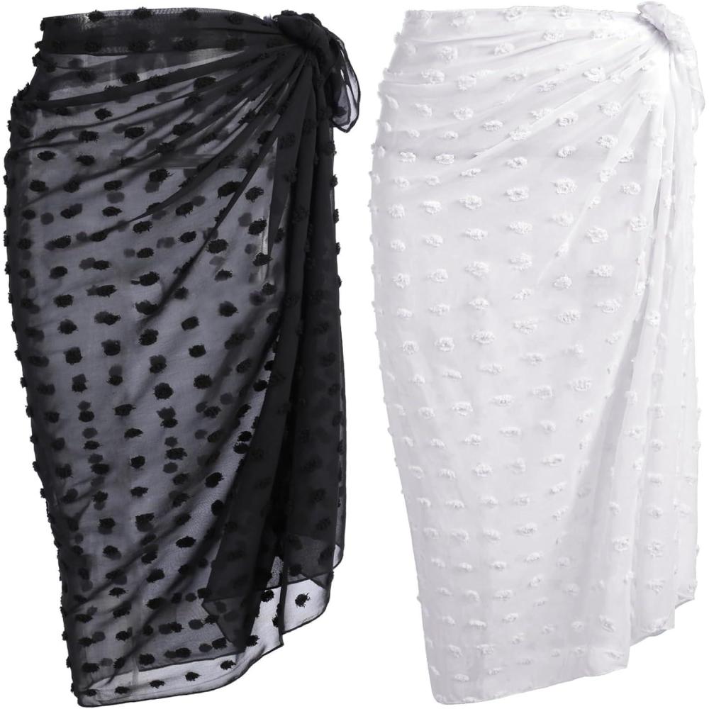 imageEkouaer Women Sarong Swimsuit Coverups Chiffon Long Bikini Wraps Sheer Beach Bathing Suit Cover UpSwiss Dotblack and White