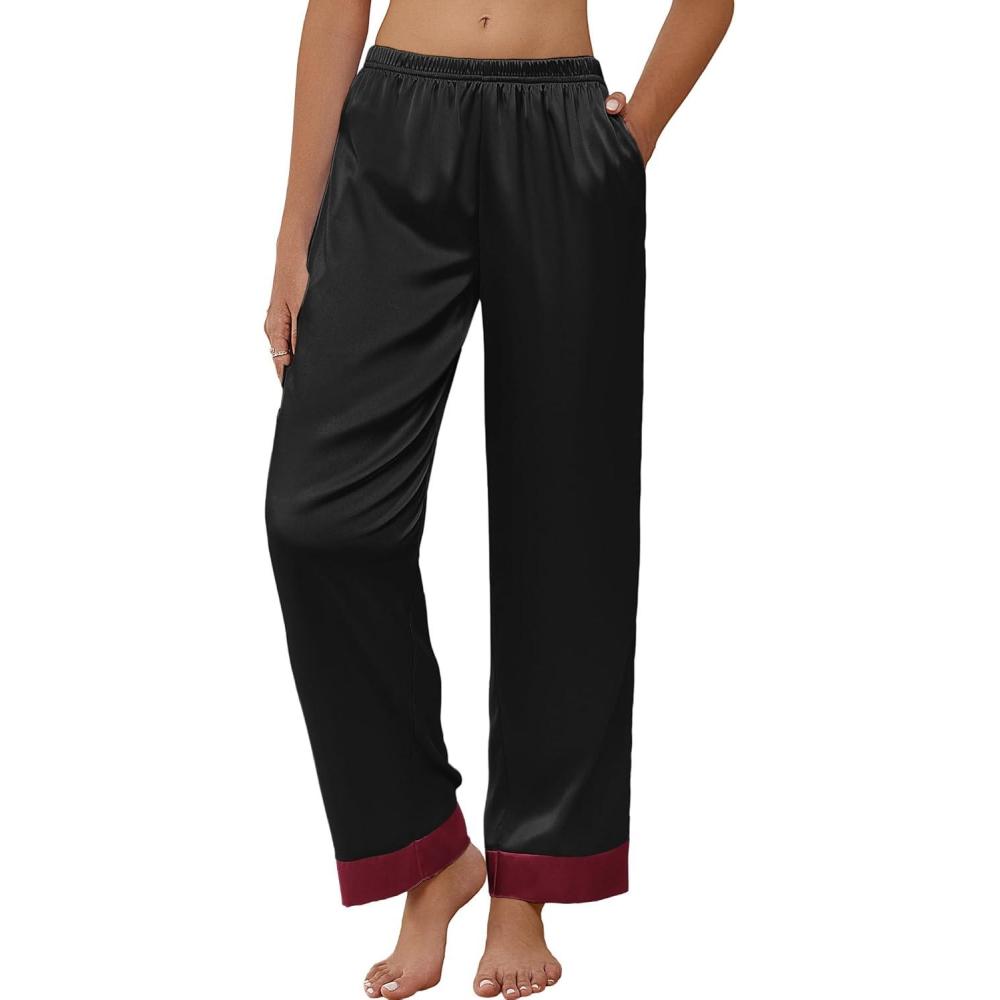 imageEkouaer Women Silk Satin Pajama Pants Color Block Loose Lounge Pants Elastic Waist Pj Bottoms with PocketsBlack