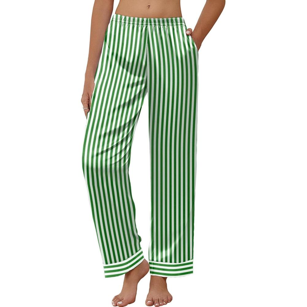 imageEkouaer Women Silk Satin Pajama Pants Color Block Loose Lounge Pants Elastic Waist Pj Bottoms with PocketsGreen Stripe