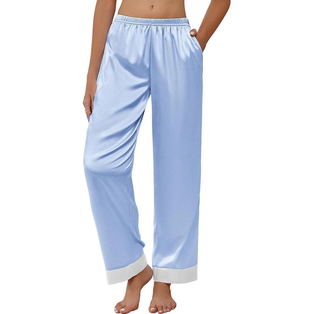 imageEkouaer Women Silk Satin Pajama Pants Color Block Loose Lounge Pants Elastic Waist Pj Bottoms with PocketsLight Blue