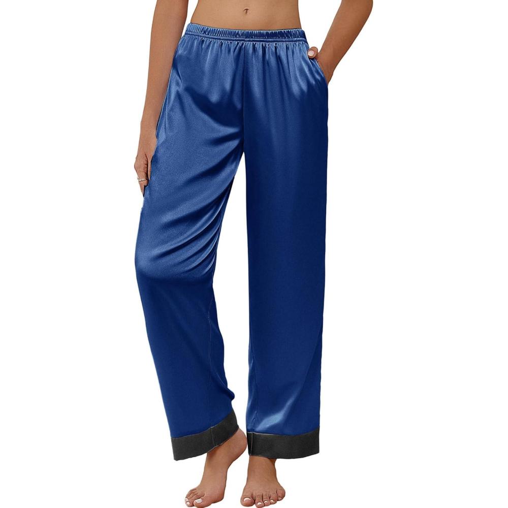 imageEkouaer Women Silk Satin Pajama Pants Color Block Loose Lounge Pants Elastic Waist Pj Bottoms with PocketsNavy