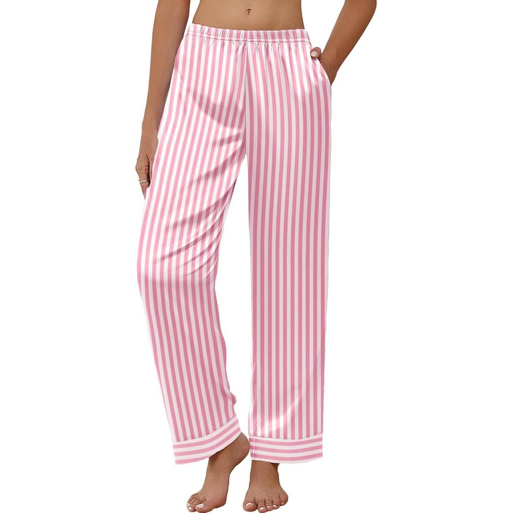 imageEkouaer Women Silk Satin Pajama Pants Color Block Loose Lounge Pants Elastic Waist Pj Bottoms with PocketsPink Stripe
