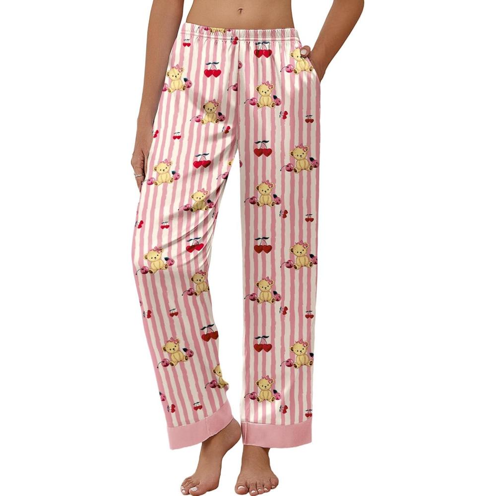 imageEkouaer Women Silk Satin Pajama Pants Color Block Loose Lounge Pants Elastic Waist Pj Bottoms with PocketsPink Stripe Teddy