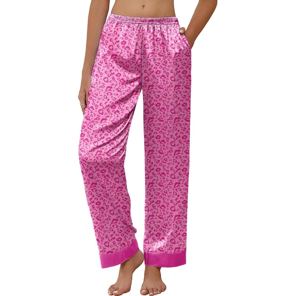 imageEkouaer Women Silk Satin Pajama Pants Color Block Loose Lounge Pants Elastic Waist Pj Bottoms with PocketsRed Leopard