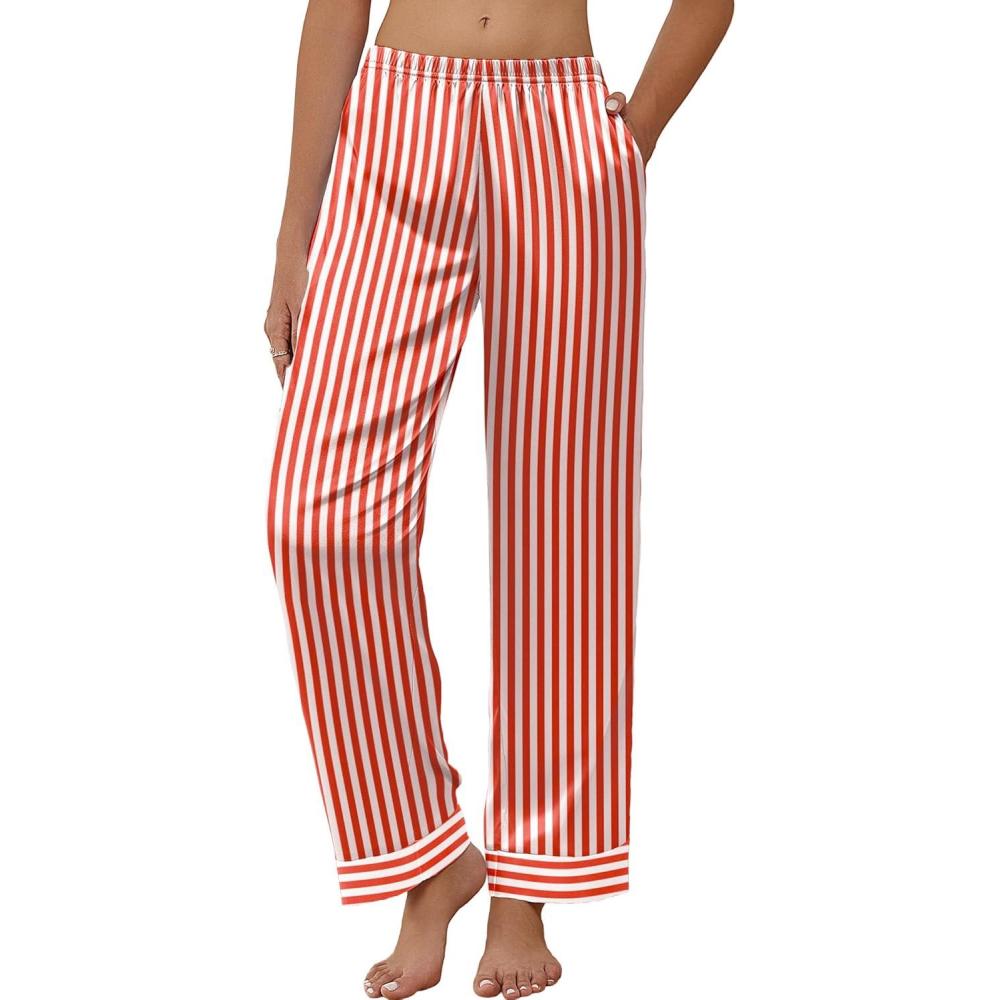 imageEkouaer Women Silk Satin Pajama Pants Color Block Loose Lounge Pants Elastic Waist Pj Bottoms with PocketsRed Stripe