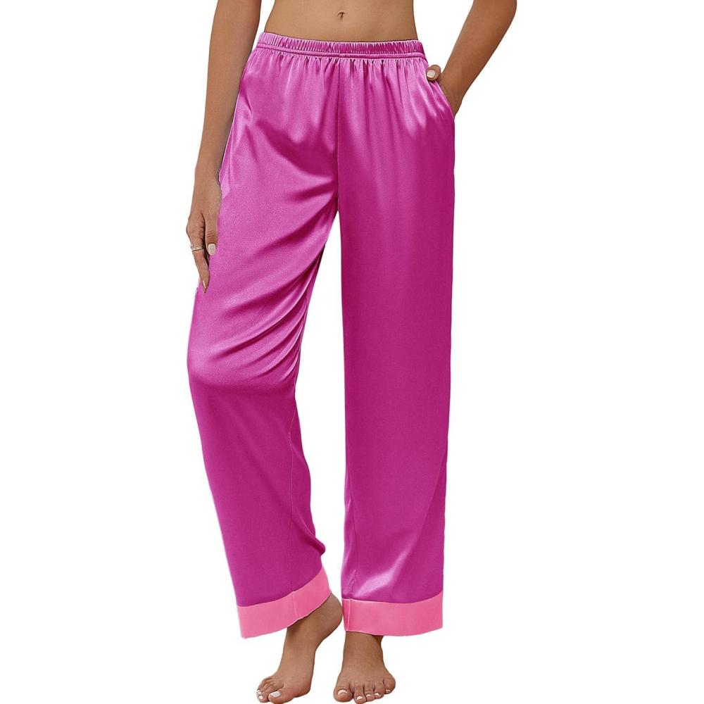 imageEkouaer Women Silk Satin Pajama Pants Color Block Loose Lounge Pants Elastic Waist Pj Bottoms with PocketsRose Red
