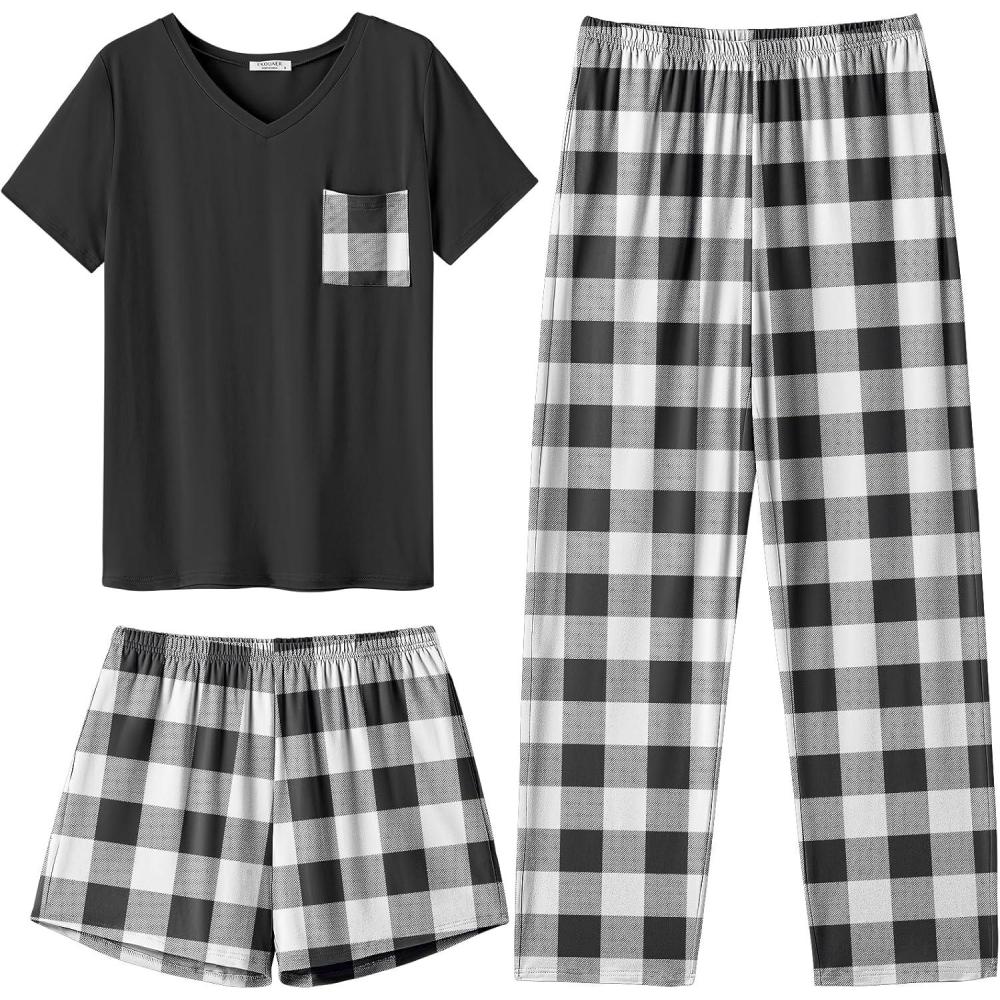 imageEkouaer Womens 3 Piece Pajama Set Short Sleeve Sleepwear Pj Set Top and Shorts Pants Pjs with PocketsBlack White Plaid