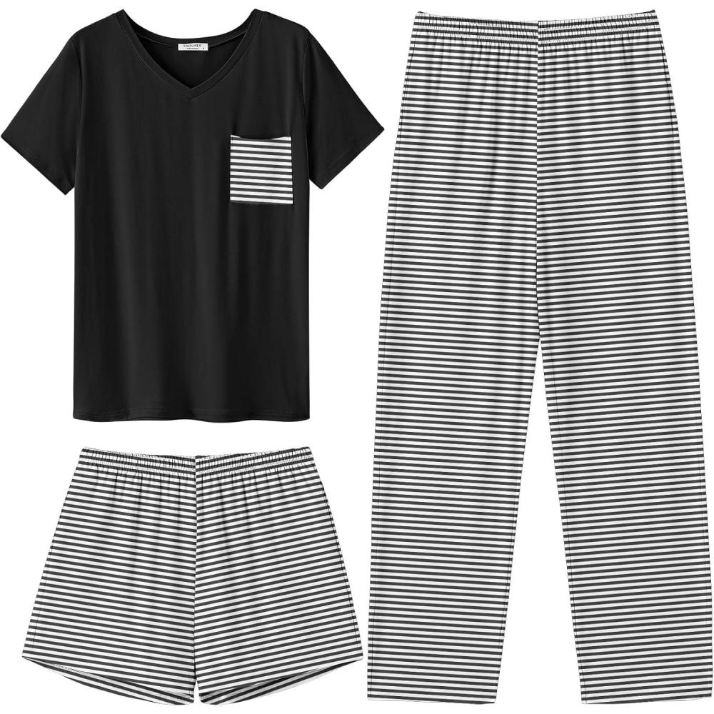 imageEkouaer Womens 3 Piece Pajama Set Short Sleeve Sleepwear Pj Set Top and Shorts Pants Pjs with PocketsBlack White Stripe