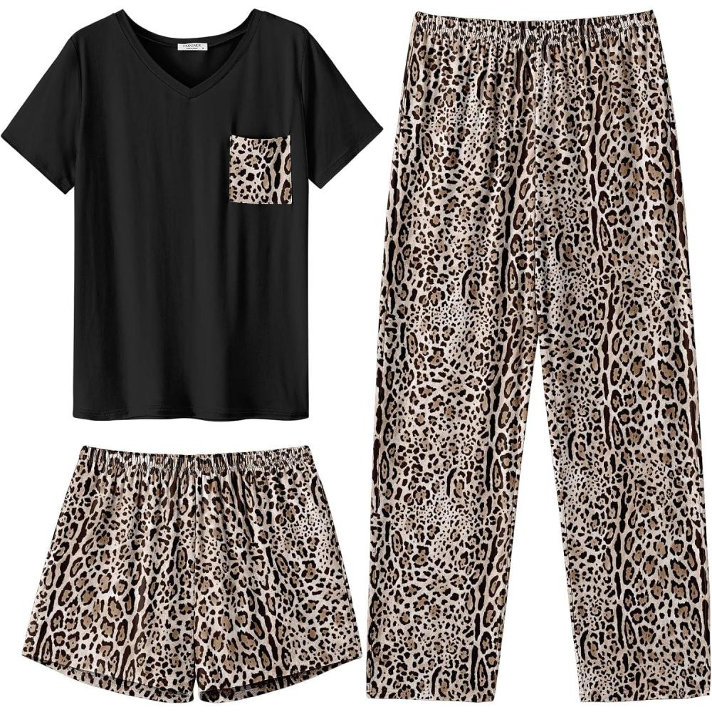 imageEkouaer Womens 3 Piece Pajama Set Short Sleeve Sleepwear Pj Set Top and Shorts Pants Pjs with PocketsBrown Leopard