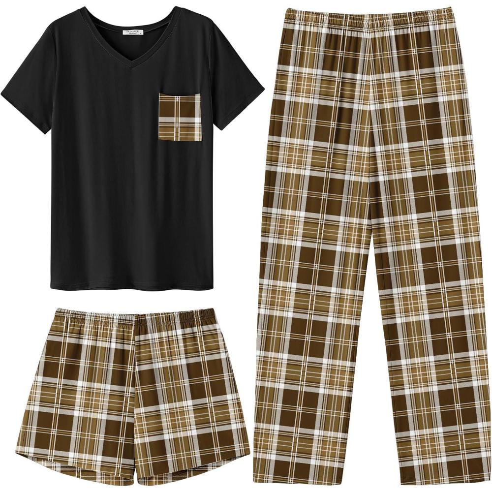 imageEkouaer Womens 3 Piece Pajama Set Short Sleeve Sleepwear Pj Set Top and Shorts Pants Pjs with PocketsBrown Plaid