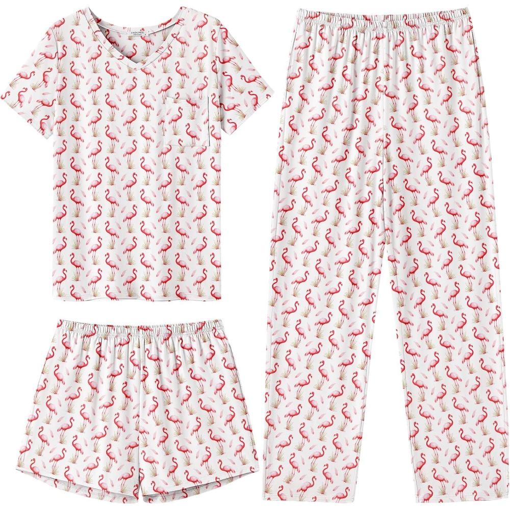 imageEkouaer Womens 3 Piece Pajama Set Short Sleeve Sleepwear Pj Set Top and Shorts Pants Pjs with PocketsFlamingo Print
