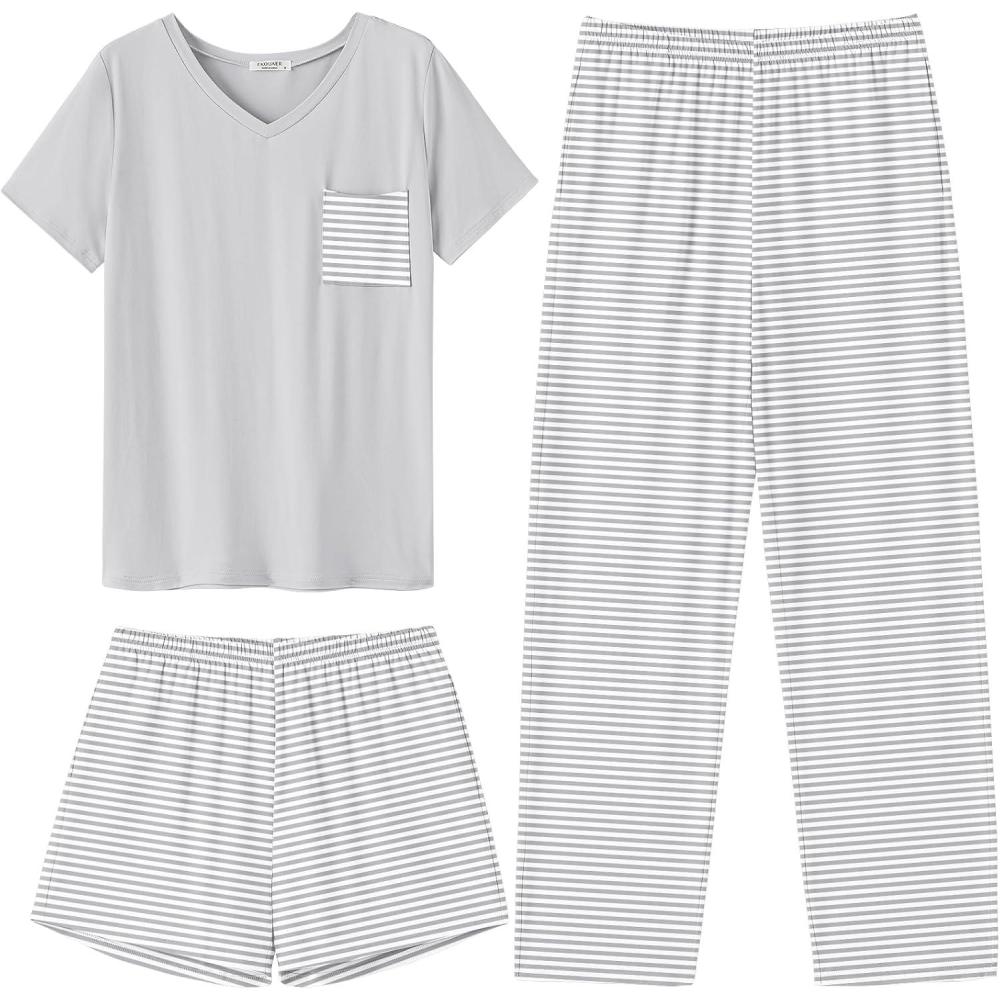 imageEkouaer Womens 3 Piece Pajama Set Short Sleeve Sleepwear Pj Set Top and Shorts Pants Pjs with PocketsGray Stripe