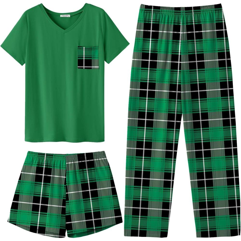imageEkouaer Womens 3 Piece Pajama Set Short Sleeve Sleepwear Pj Set Top and Shorts Pants Pjs with PocketsGreen and Black Plaid