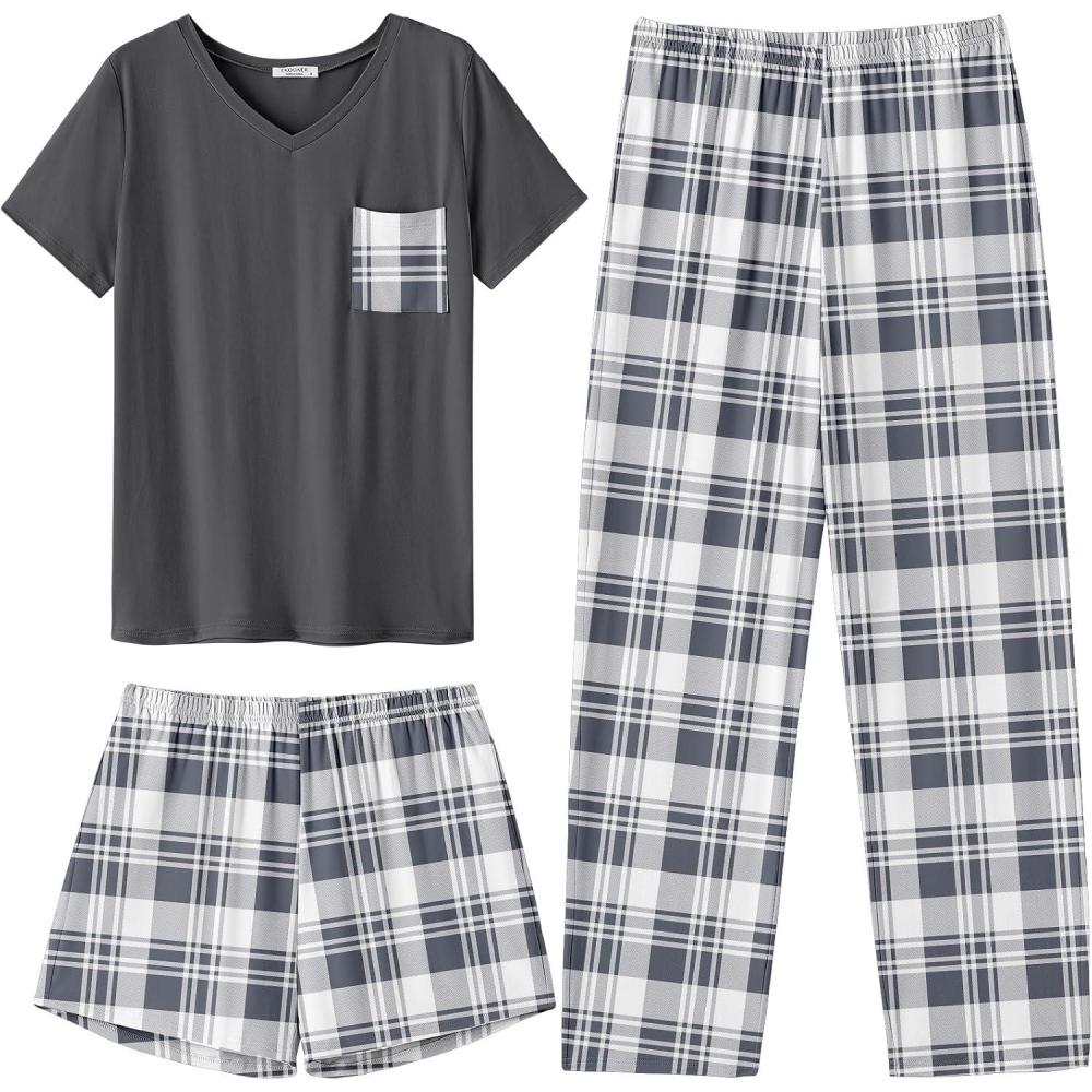 imageEkouaer Womens 3 Piece Pajama Set Short Sleeve Sleepwear Pj Set Top and Shorts Pants Pjs with PocketsLight Gray Plaid
