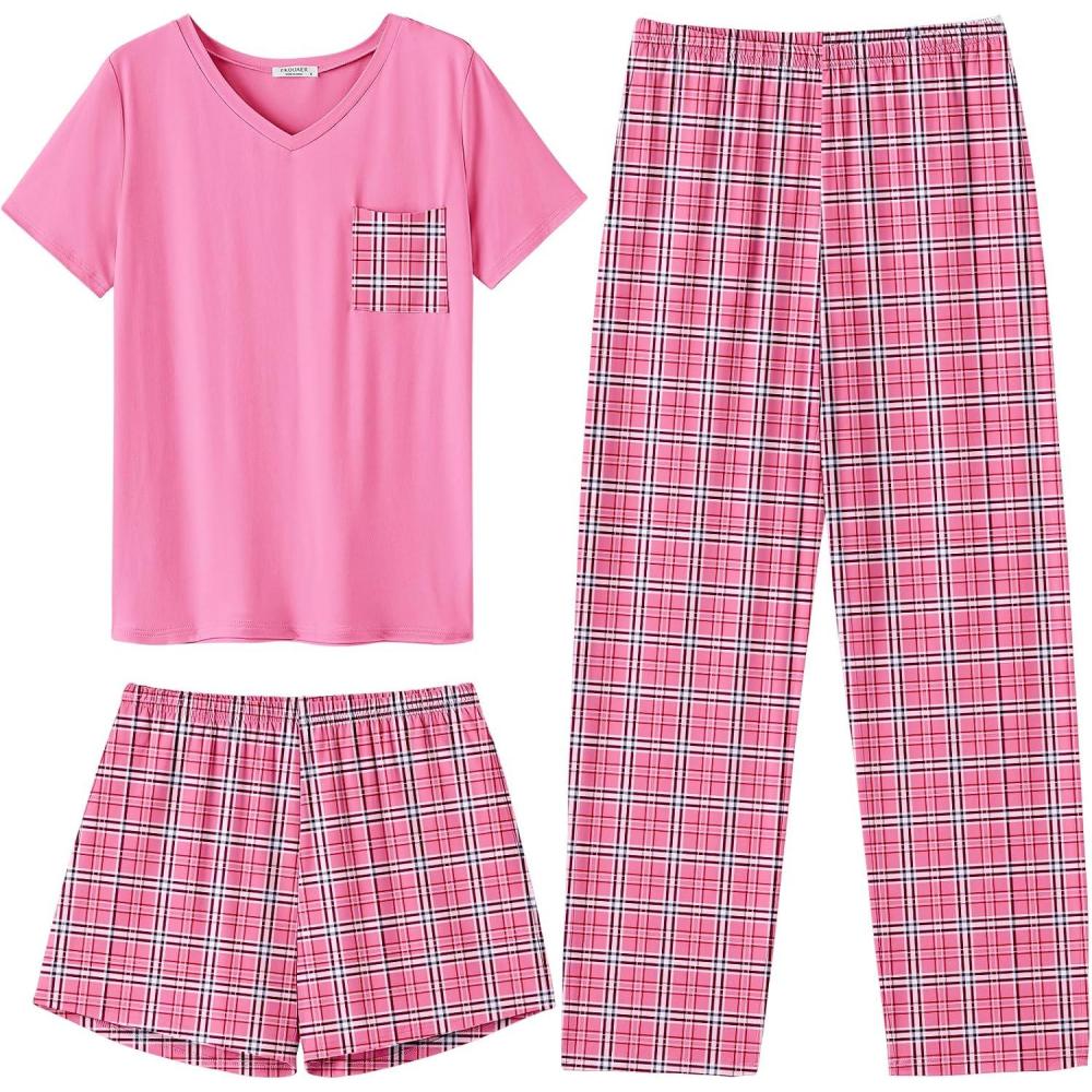 imageEkouaer Womens 3 Piece Pajama Set Short Sleeve Sleepwear Pj Set Top and Shorts Pants Pjs with PocketsPink Black Plaid