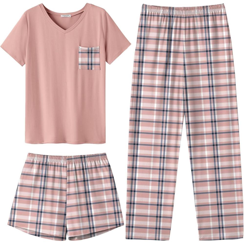imageEkouaer Womens 3 Piece Pajama Set Short Sleeve Sleepwear Pj Set Top and Shorts Pants Pjs with PocketsPink Plaid