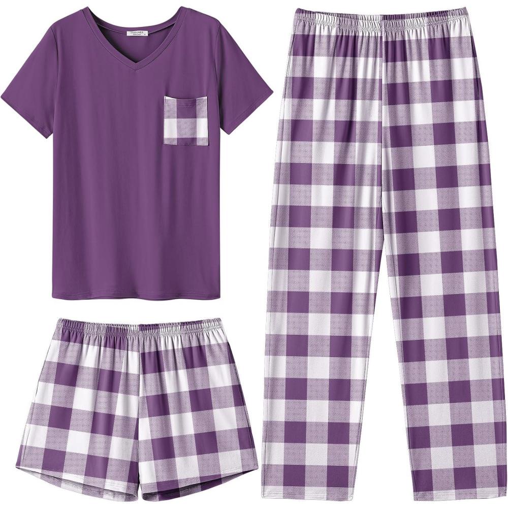 imageEkouaer Womens 3 Piece Pajama Set Short Sleeve Sleepwear Pj Set Top and Shorts Pants Pjs with PocketsPurple Plaid