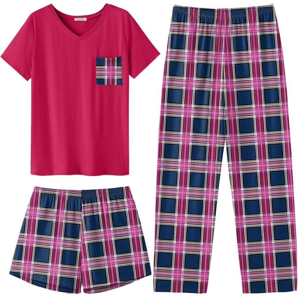 imageEkouaer Womens 3 Piece Pajama Set Short Sleeve Sleepwear Pj Set Top and Shorts Pants Pjs with PocketsPurple and Green Plaid