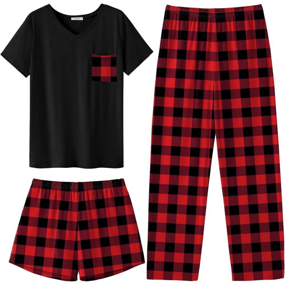 imageEkouaer Womens 3 Piece Pajama Set Short Sleeve Sleepwear Pj Set Top and Shorts Pants Pjs with PocketsRed and Black Plaid