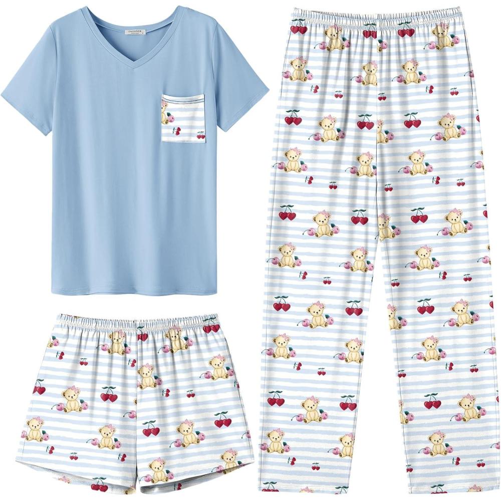 imageEkouaer Womens 3 Piece Pajama Set Short Sleeve Sleepwear Pj Set Top and Shorts Pants Pjs with PocketsTeddy Bear